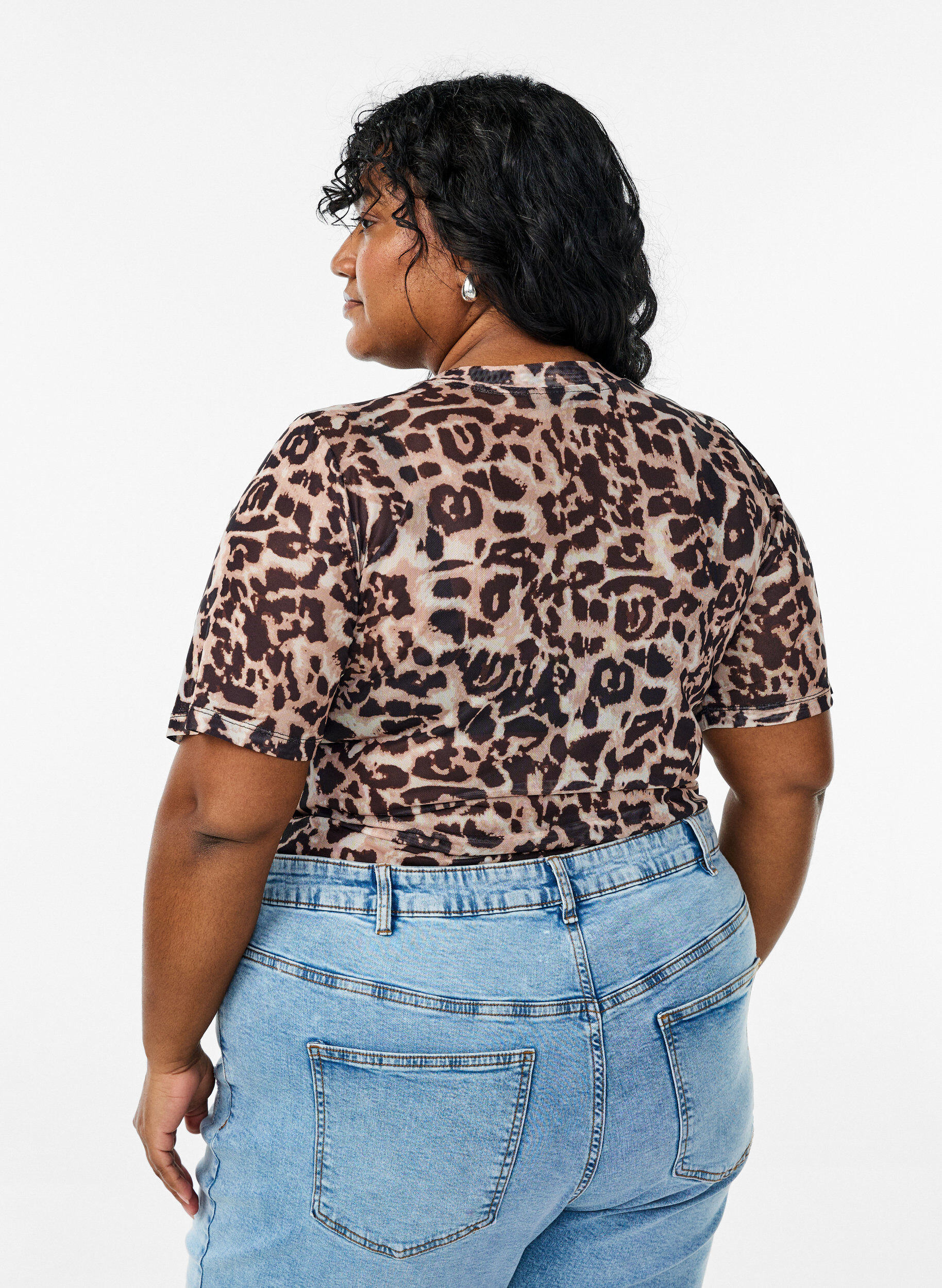 Zizzi Bluse i mesh med korte ermer, Brun, Model image number 2