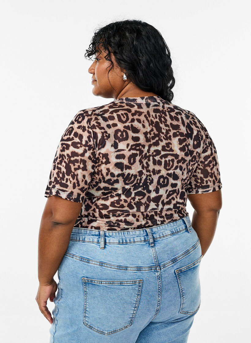 Bluse i mesh med korte ermer, Brun, Model image number 2