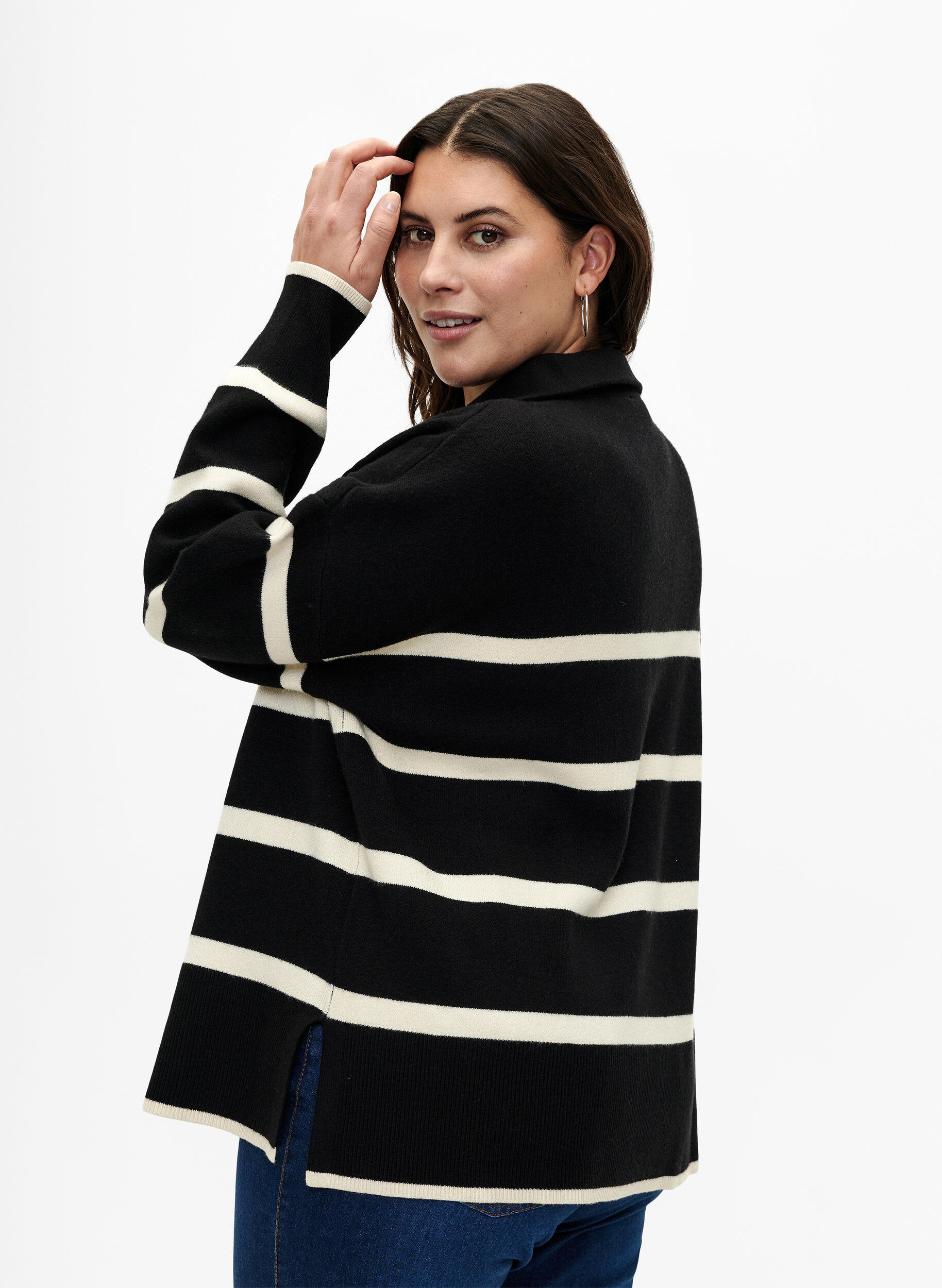 Zizzi Pullover med striper og h&oslash;y krage	, Black w. Birch, Model image number 1