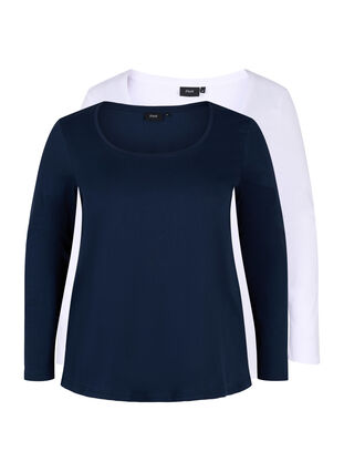 Zizzi Basisgenser i bomull, 2 stk., Navy B/B White, Packshot image number 0