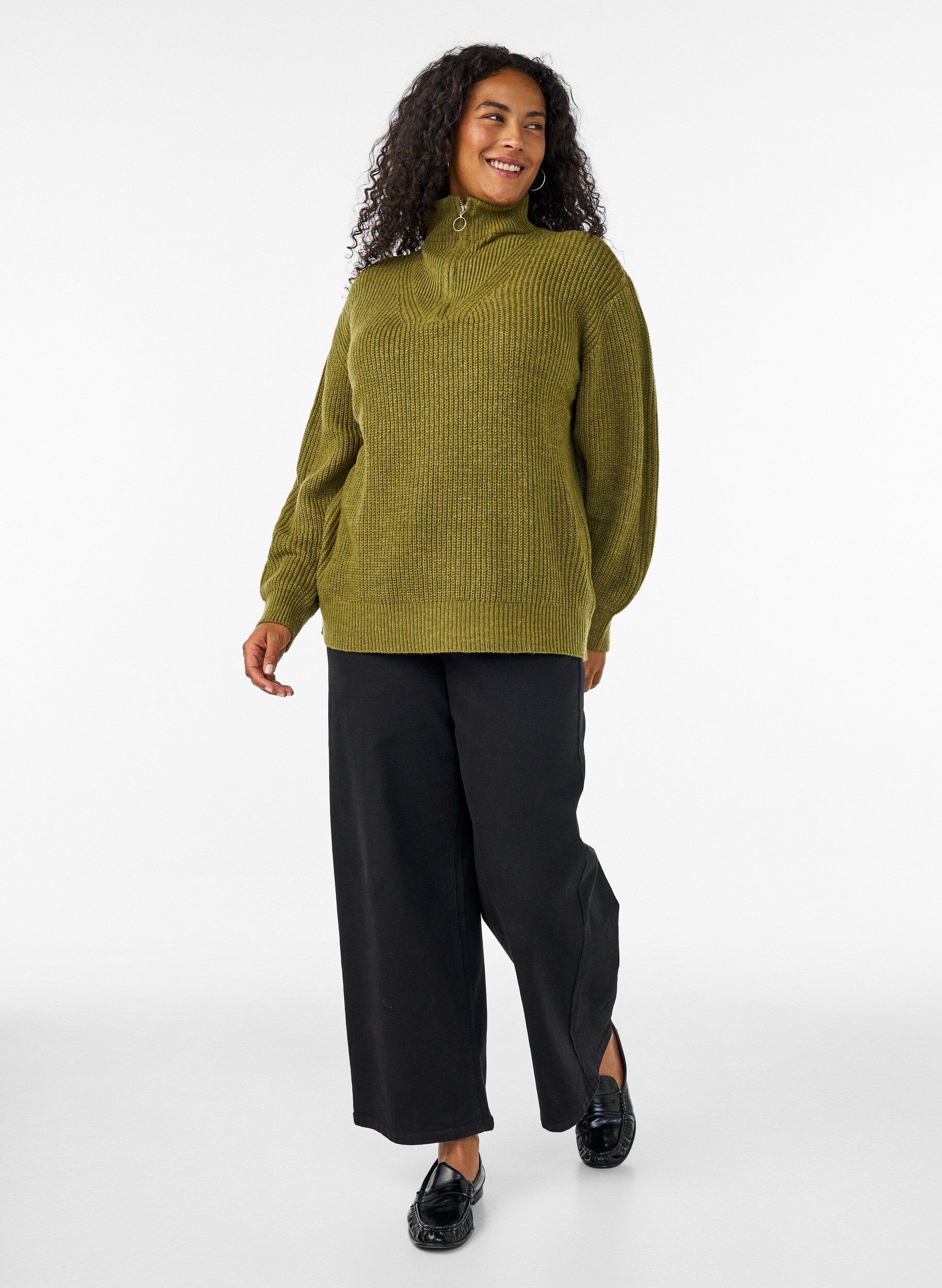 ZizziStrikket genser med h&oslash;y hals og glidel&aring;s, Gr&oslash;nn, Model image number 1