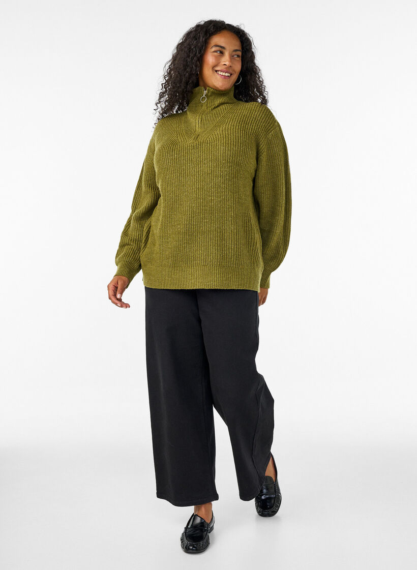 Strikket genser med h&oslash;y hals og glidel&aring;s, Gr&oslash;nn, Model image number 1