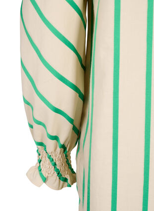 Stripete tunika i bomull med smock og volanger, Beige Green Stripe, Packshot image number 4