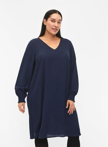 FLASH - langermet kjole med glitter, Navy w. Gold , Model image number 0