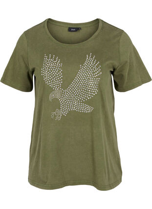 Zizzi T-skjorte i bomull med acid wash og sten, Ivy Green Wash, Packshot image number 0