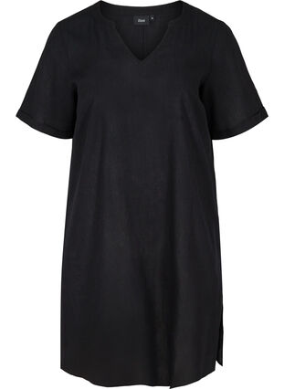Kortermet kjole i bomullsmiks med lin, Black, Packshot image number 0