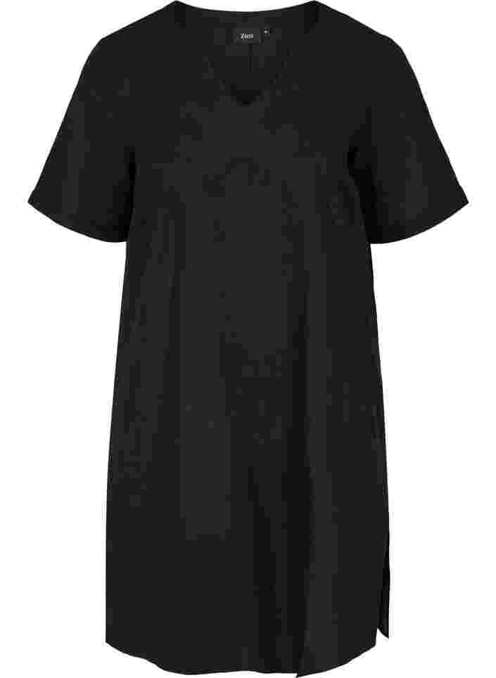 Kortermet kjole i bomullsmiks med lin, Black, Packshot image number 0