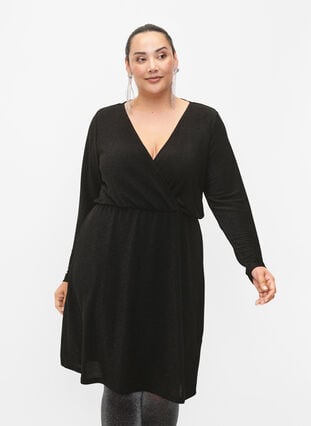 Glitterkjole med omslagsutseende og lange ermer, Black Black, Model image number 0