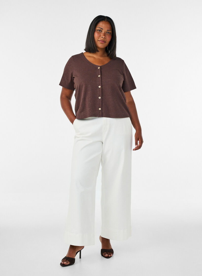 Teksturert bomullsbluse med knappelukking, Brun, Model image number 1