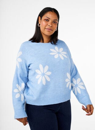 Zizzi Strikket bluse med blomster, Della R. Blue Comb, Model image number 0