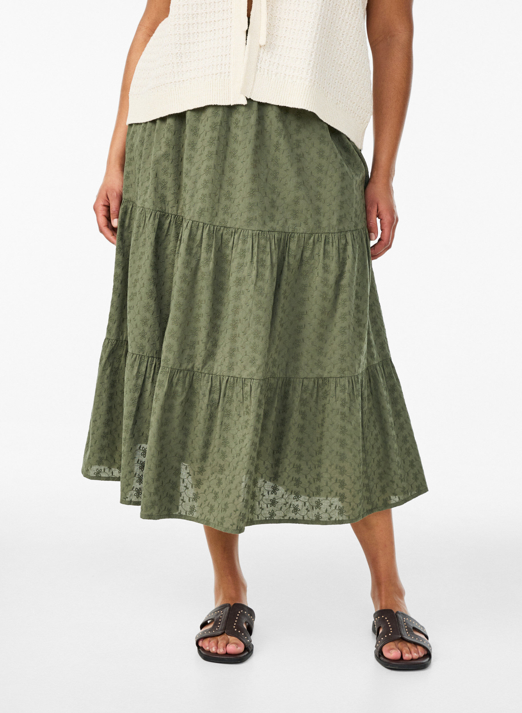 Zizzi Teksturert strikkevest med knytebelte, Vanilje, Model image number 3