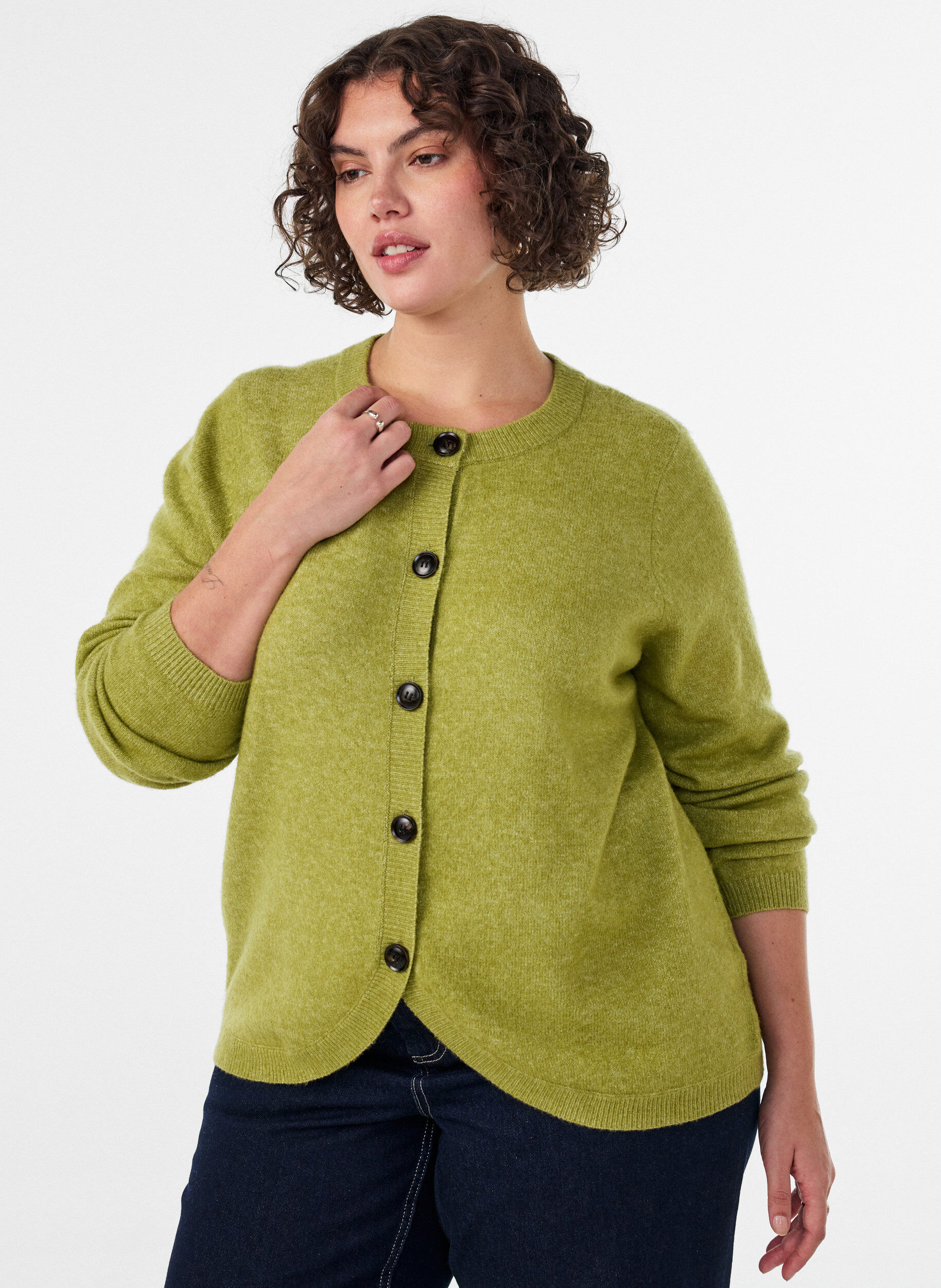 ZizziCardigan med knapper og avrundet front, Gr&oslash;nn, Model image number 0