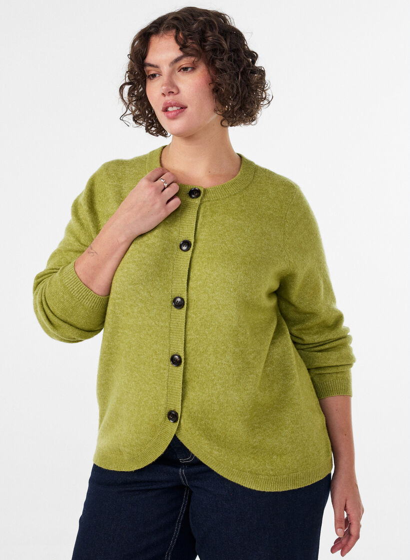 Cardigan med knapper og avrundet front, Gr&oslash;nn, Model image number 0