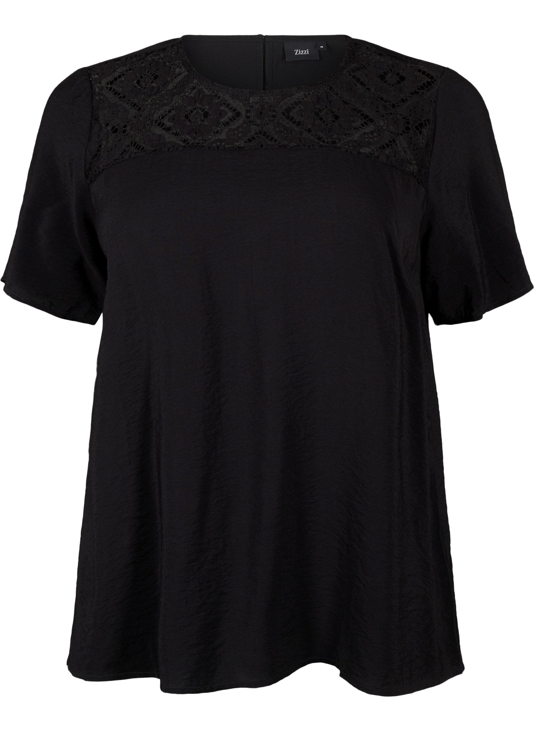 Zizzi Kortermet bluse i viskose med blondedetaljer, Black, Packshot image number 0