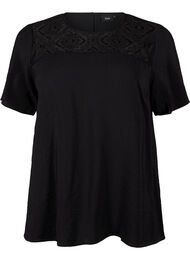 Kortermet bluse i viskose med blondedetaljer, Black