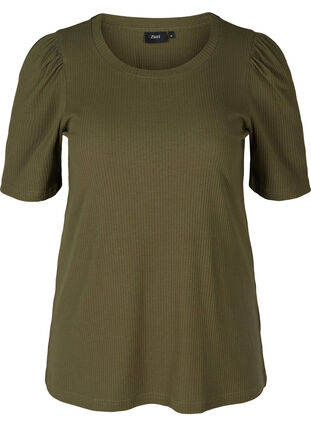 Ribbet T-skjorte med korte puffermer, Ivy Green, Packshot image number 0