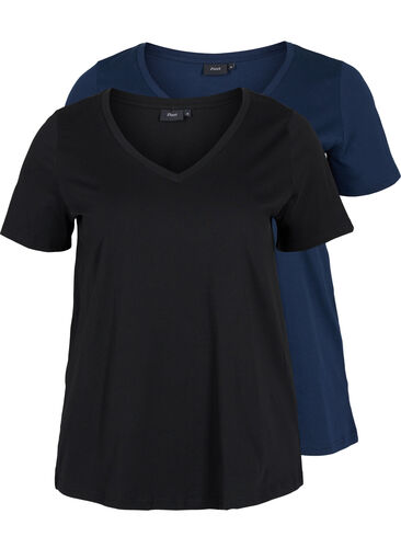 Basis T-skjorter i bomull 2 stk., Black/Navy B, Packshot image number 0