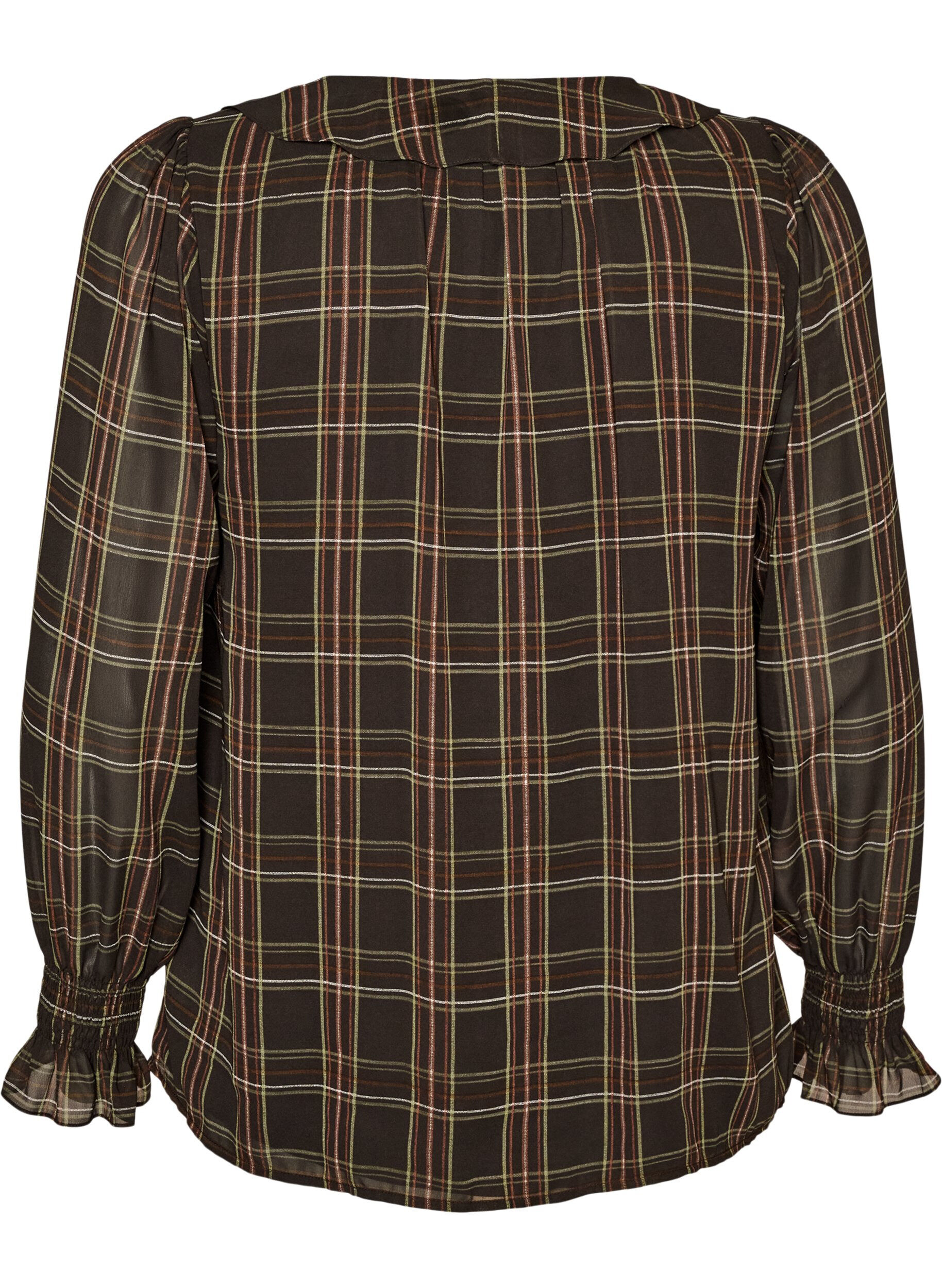 ZizziBluse med rutete og rysje detaljer, Gr&oslash;nn, Packshot image number 1
