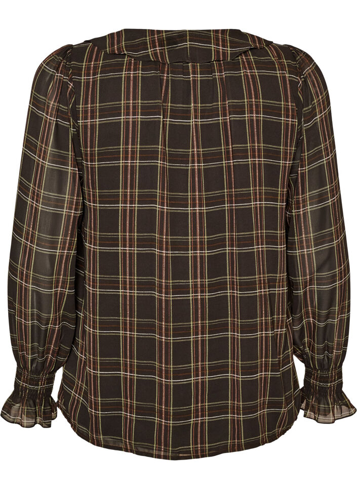Bluse med rutete og rysje detaljer, Gr&oslash;nn, Packshot image number 1
