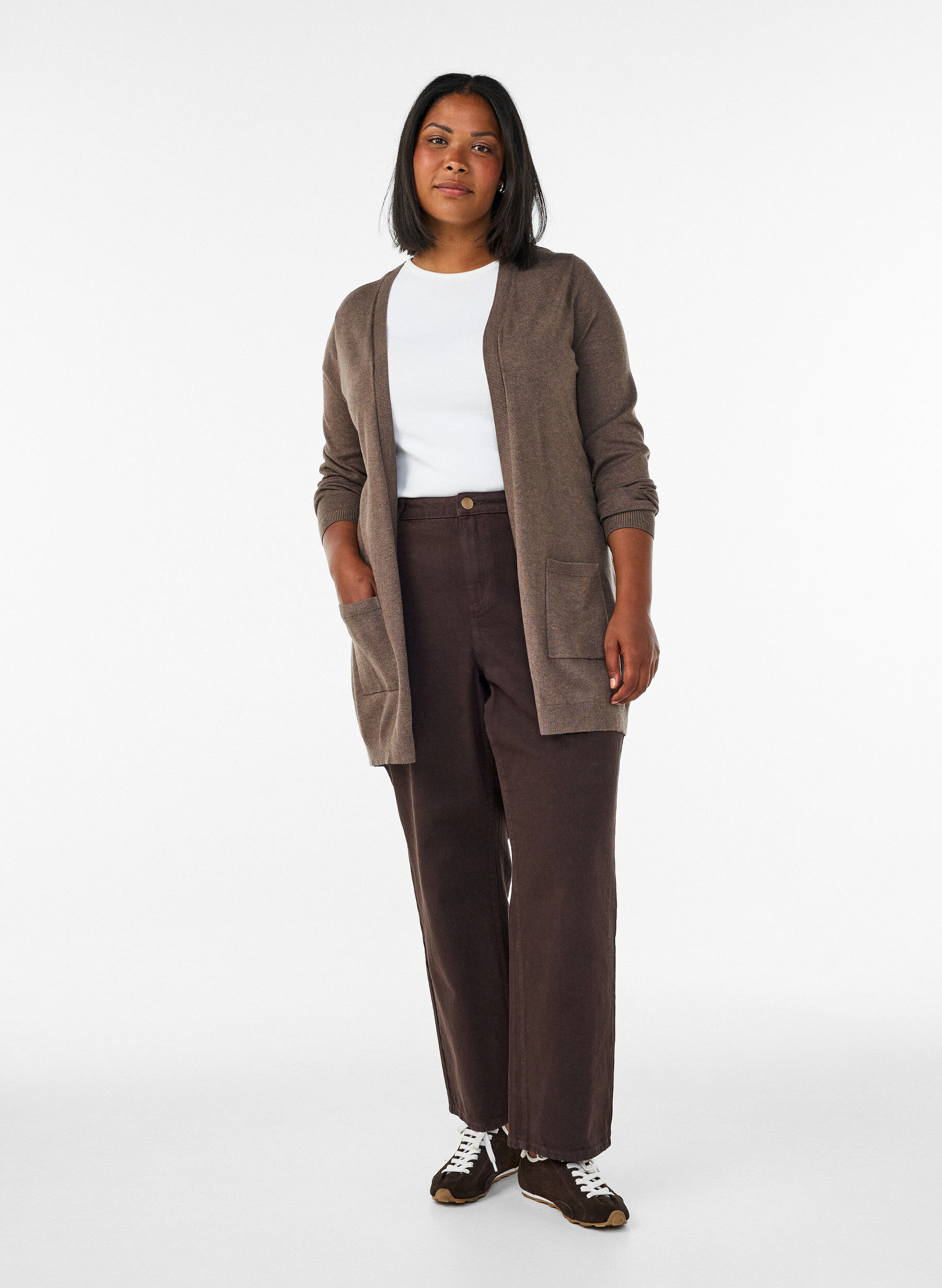 ZizziLang strikkecardigan i viskoseblanding, Brun, Model image number 1