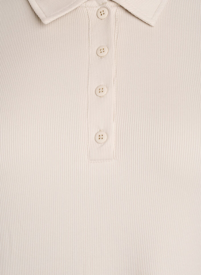 Poloskjorte i myk ribb med lange ermer, Beige, Packshot image number 2