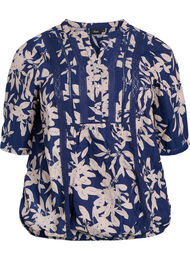 Bluse med trykk og 1/2 ermer, Blue Flower