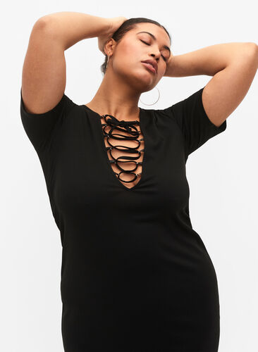 Kort kjole med V-hals og snordetaljer, Black, Model image number 2