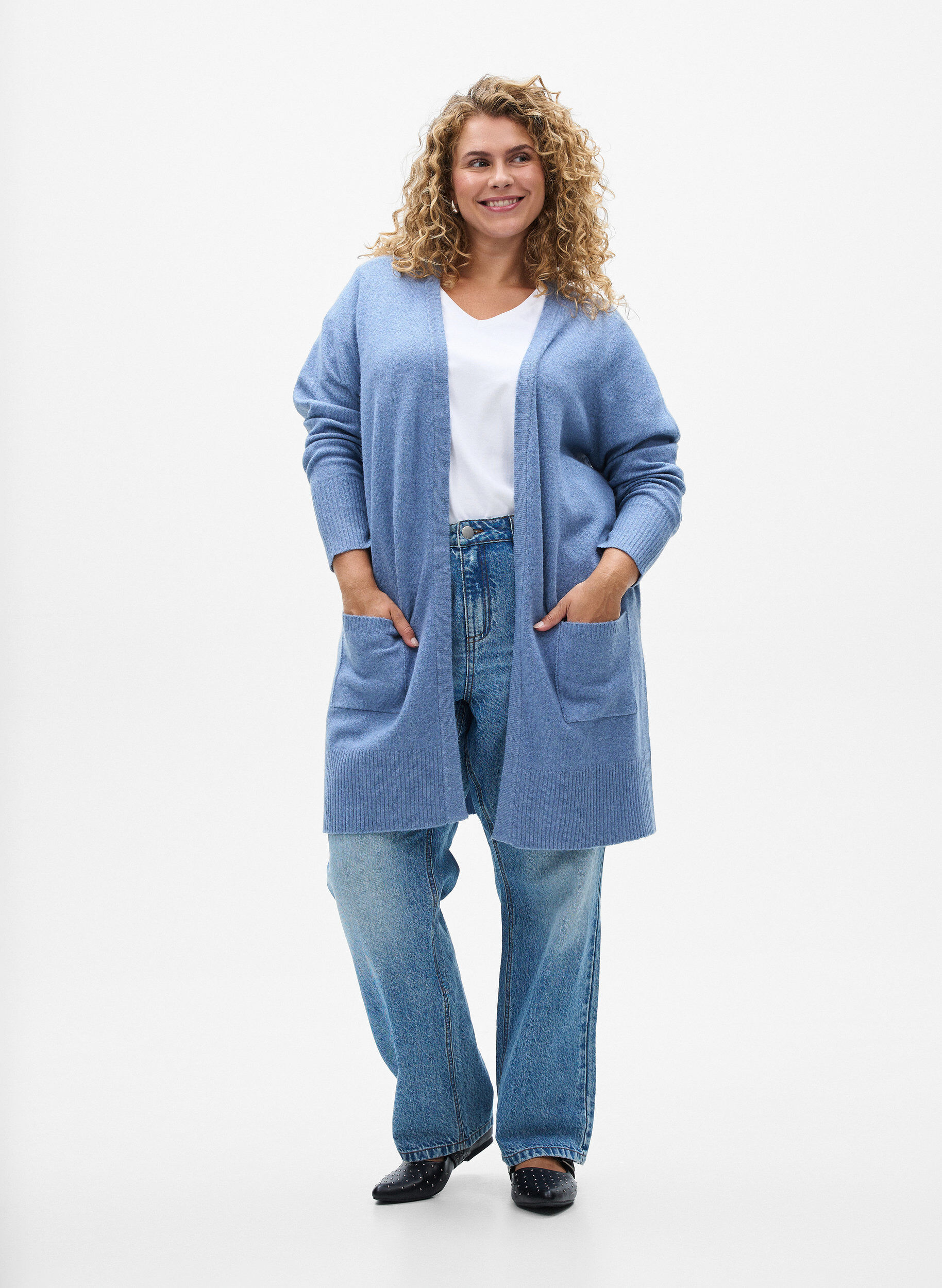 ZizziRibbestrikket cardigan med lommer, Bl&aring;, Model image number 1