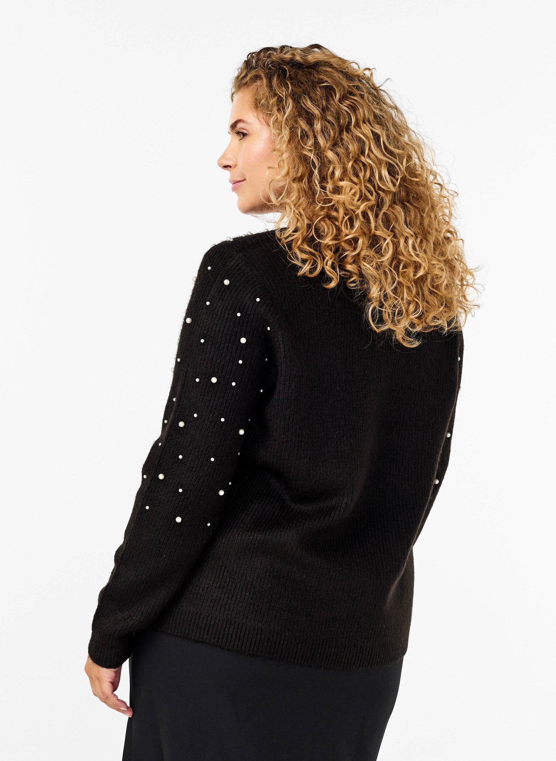 Zizzi Strikket cardigan med perler, Black White Pearls, Model image number 1