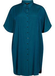 Kortermet skjortekjole med prikket tekstur, Deep Teal