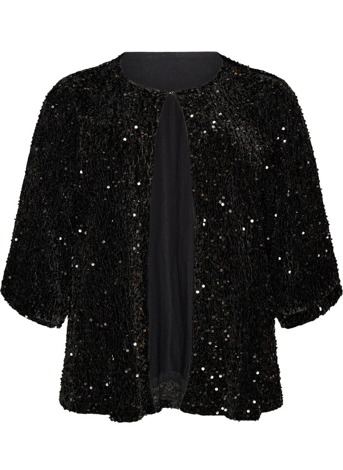 Cardigan med paljetter og 3/4-ermer, Svart, Packshot image number 0
