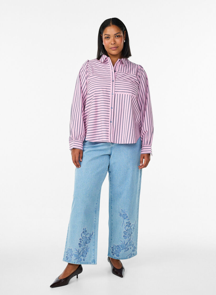 Stripet skjorte med klassisk krage og lange ermer, Rosa, Model image number 1
