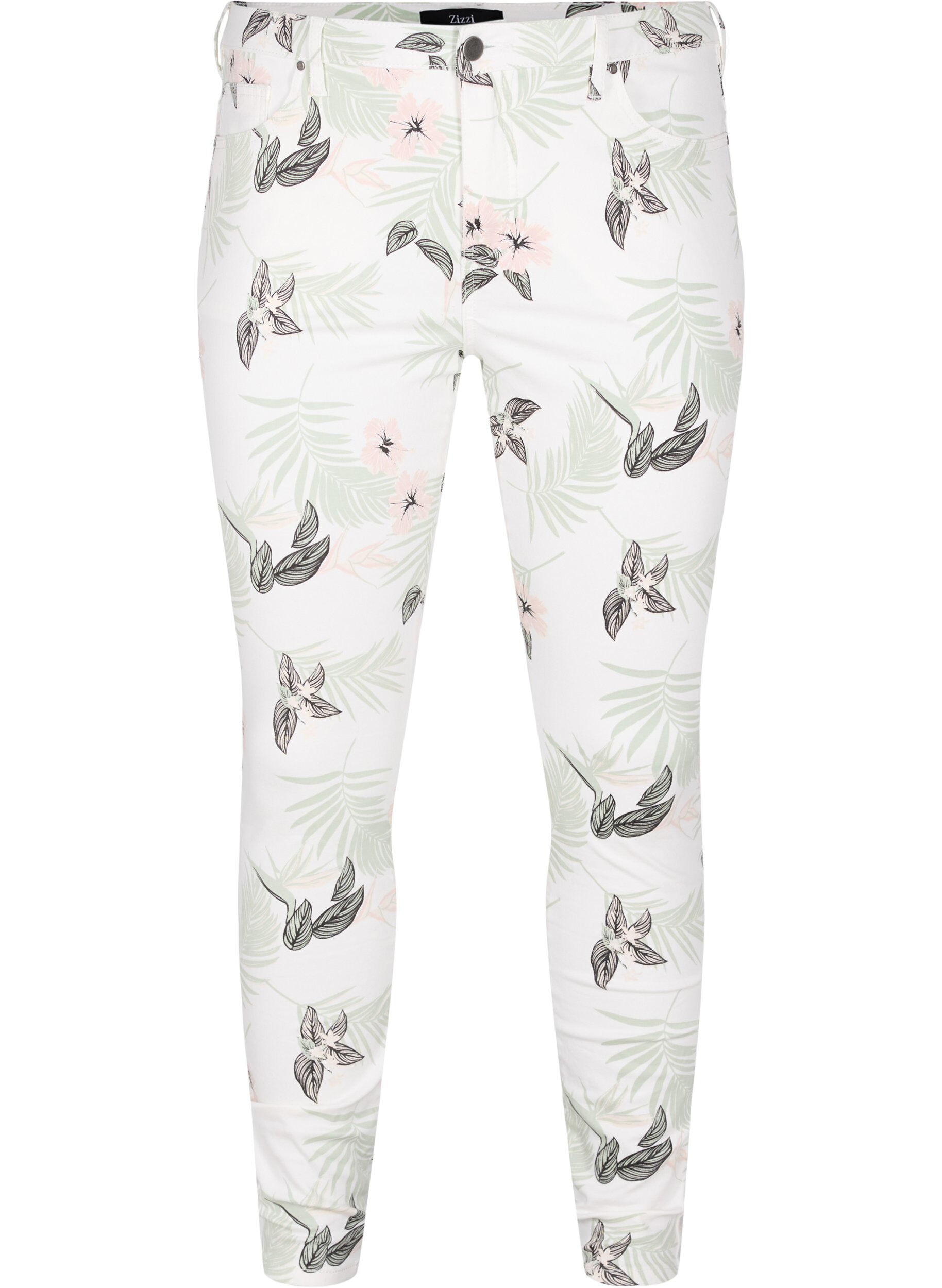 Zizzi Amy jeans med h&oslash;yt liv og blomsterm&oslash;nster, White Flower AOP L78, Packshot image number 0