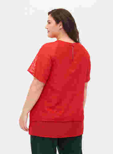 Bluse med 2/4 ermer i mønstret chiffon, Tango Red, Model image number 1