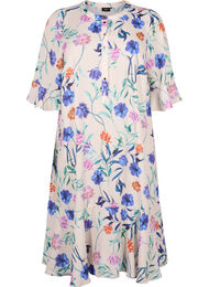 Blomstret midikjole med 3/4-ermer, Buttercream Blue Fl.