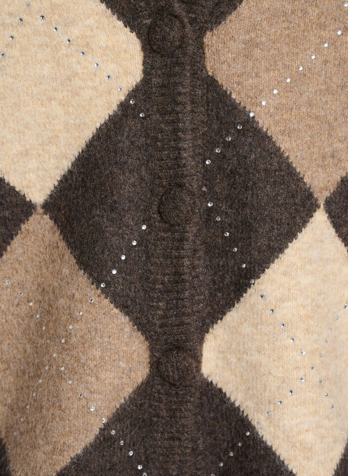 Argyle cardigan med rhinesteiner, Brun, Packshot image number 2