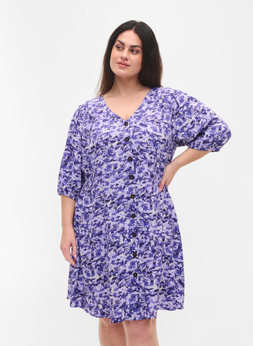 Kjole med knapper og 3/4-ermer, Purple AOP, Model image number 0