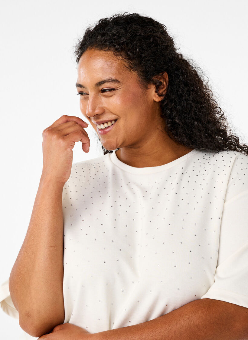 T-skjorte med rhinesteiner og rund hals, Hvit, Model image number 3