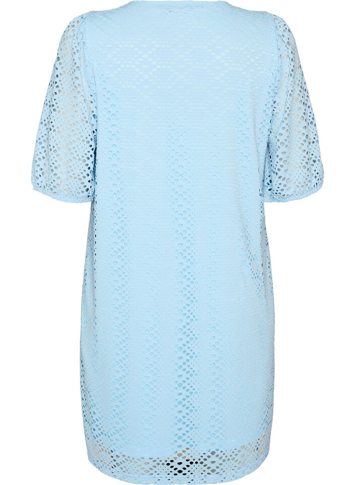 Knee-length dress with eyelet pattern and short sleeves, Light Blue, Packshot image number 1