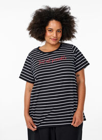 Stripete T-skjorte med teksttrykk, Svart Stripete T-skjorte med teksttrykk, Svart, Model