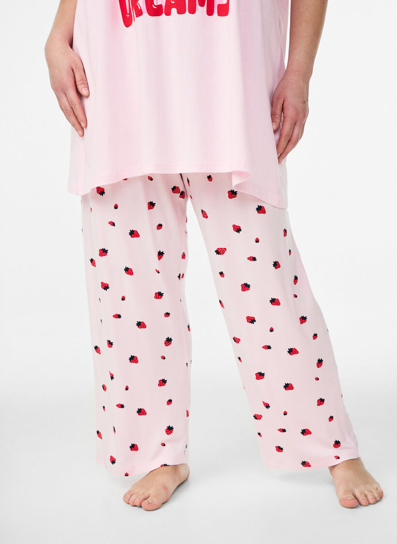 Pyjamasbukse i mykt jerseystoff med h&oslash;y midje og frukttrykk, Rosa, Model image number 2