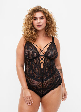 Bodystocking med blonder og snorer, Black, Model image number 0