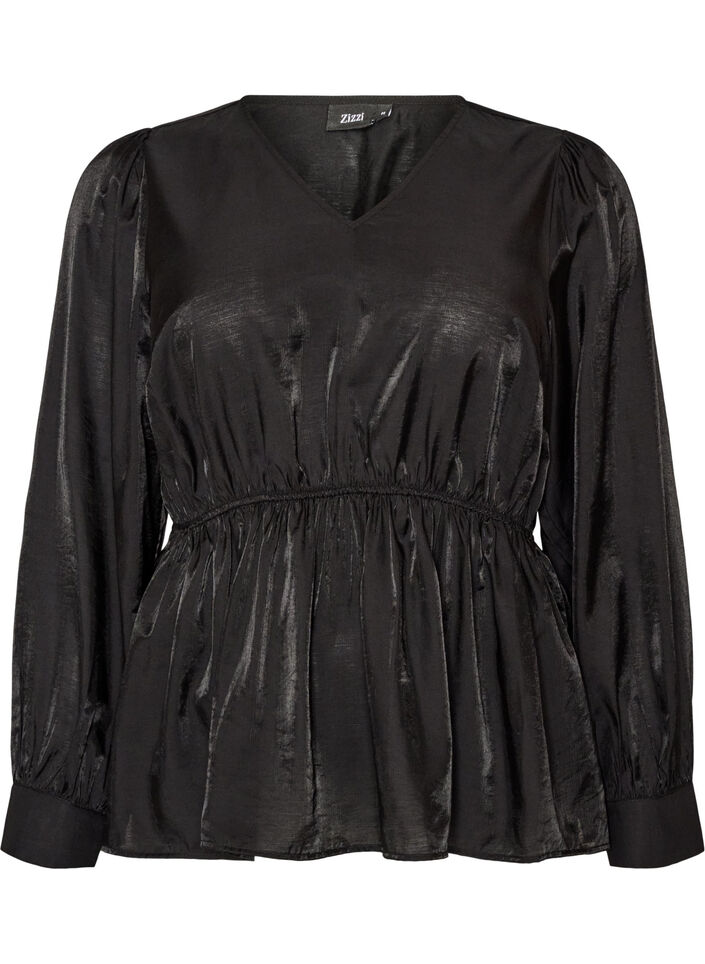 Skinnende viskosebluse med peplumeffekt, Svart, Packshot image number 0