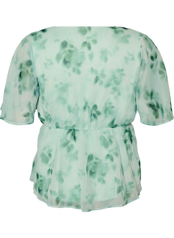Bluse i blomstrete chiffon med korte ermer, Gr&oslash;nn, Packshot image number 1