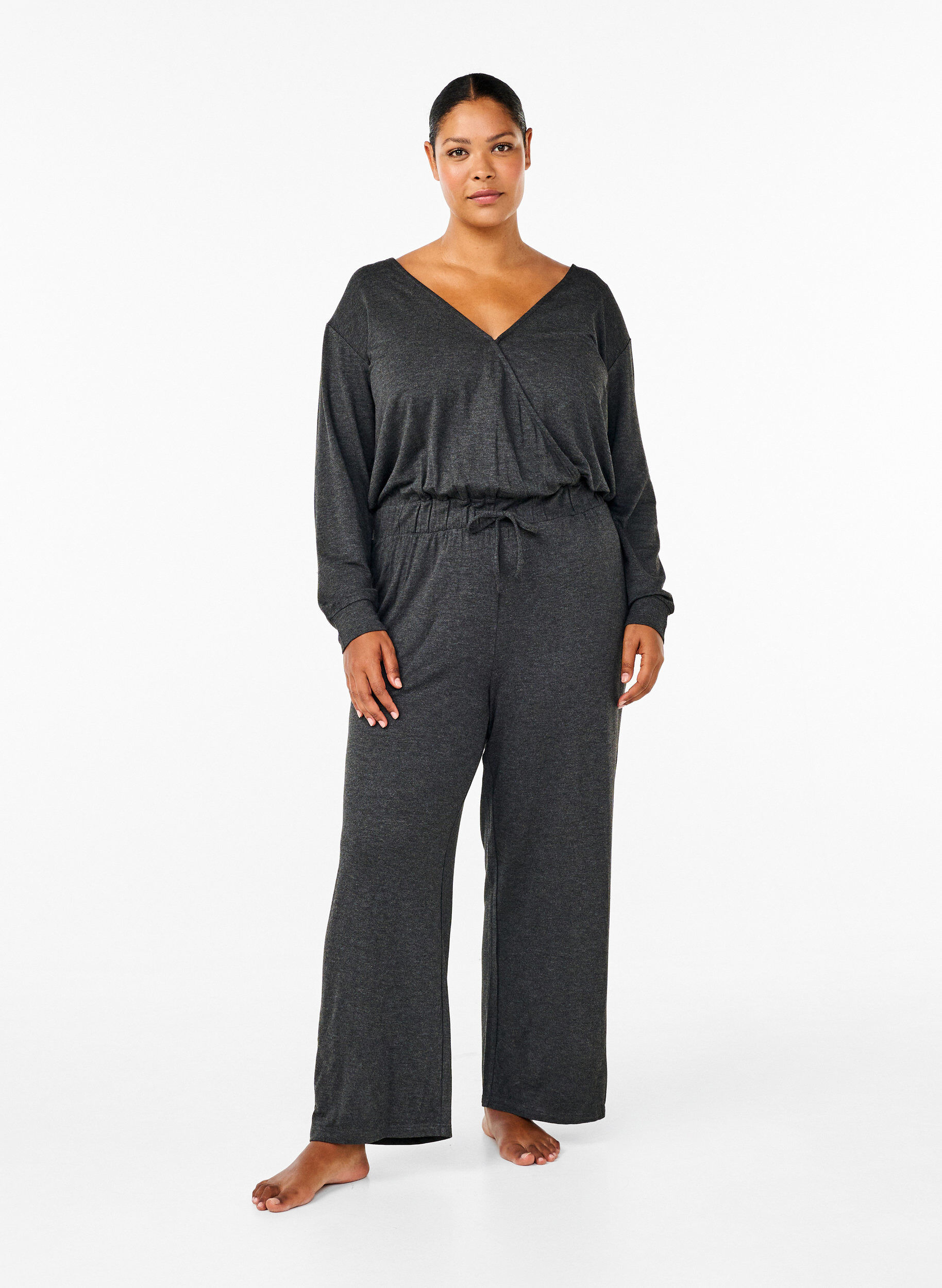 Zizzi Jumpsuit med omslag og knyteb&aring;nd, Dark Grey Melange, Model image number 0