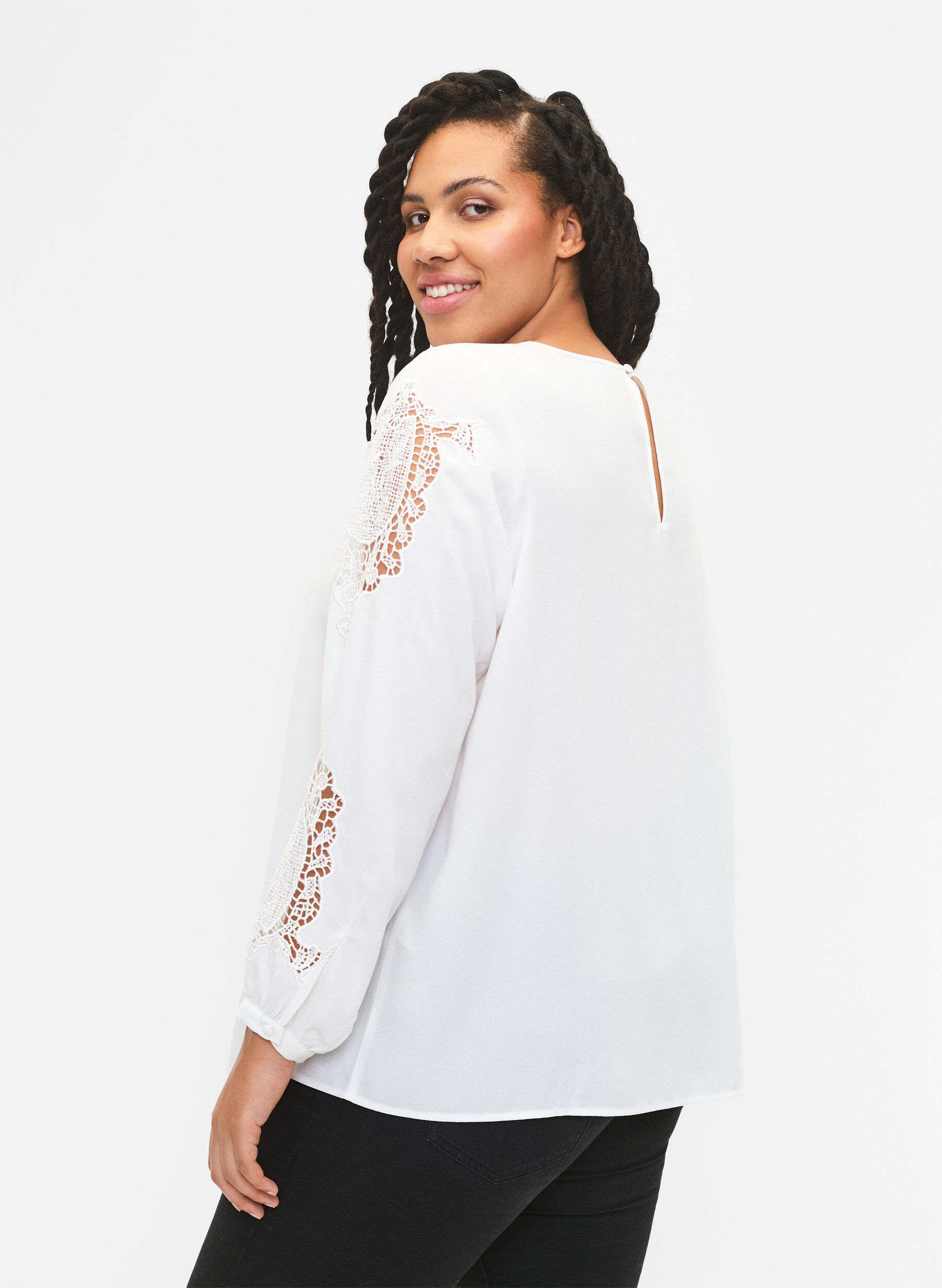 Zizzi Bluse med lange ermer og heklede detaljer, Bright White, Model image number 1