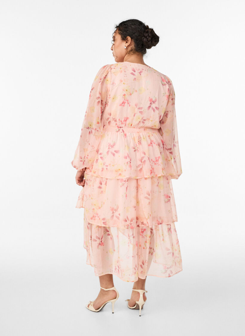 Floralskj&oslash;rt i chiffon med smockdetaljer rundt midjen, Orange, Model image number 1