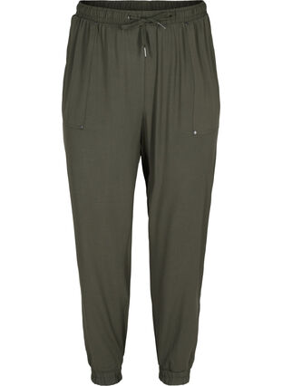 Bukser med lommer og strikkant, Dark Olive, Packshot image number 0