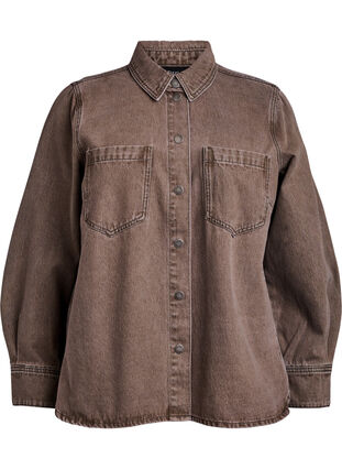 Zizzi Farget denimskjorte med brystlommer, Brown Denim, Packshot image number 0