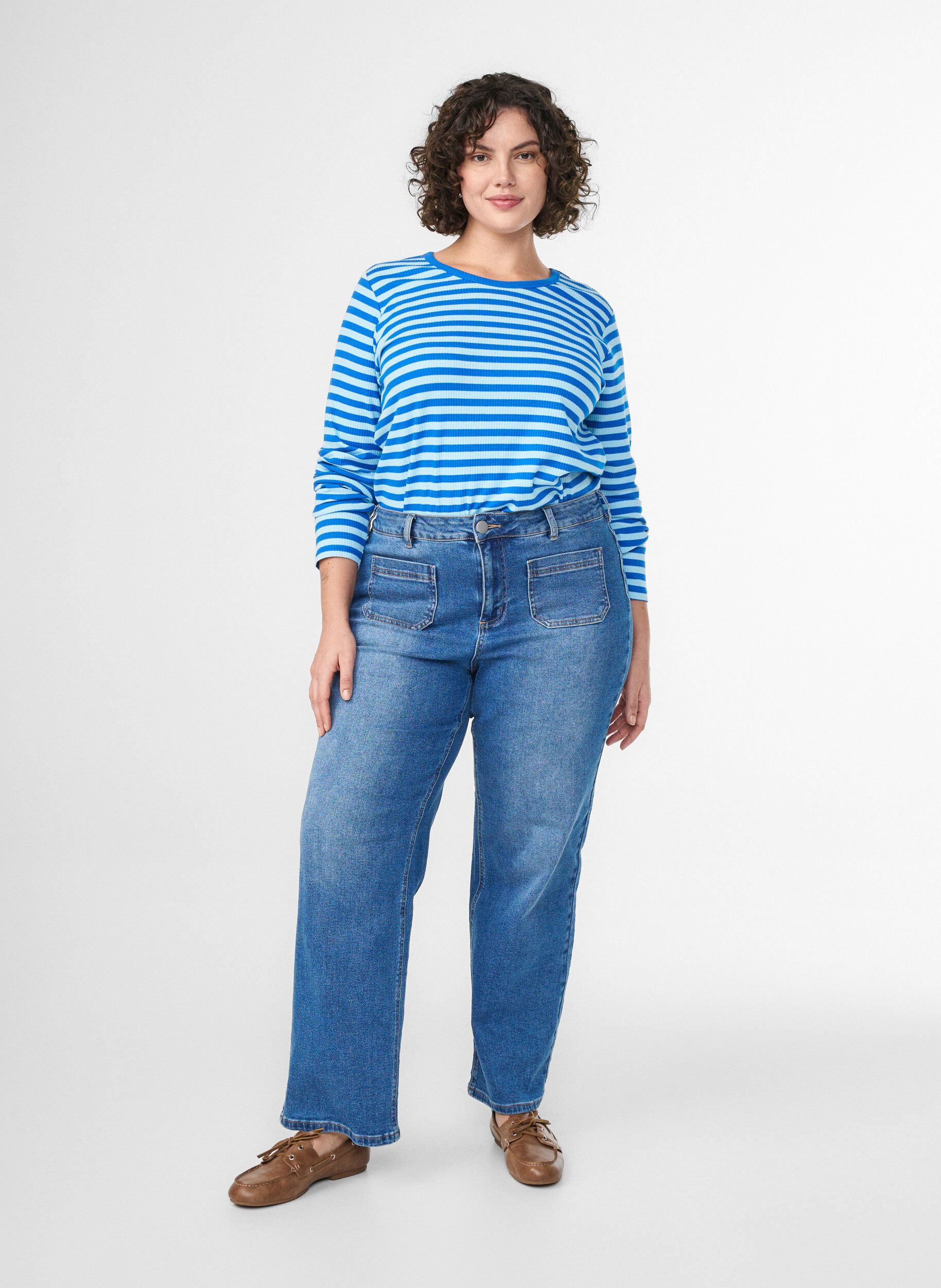 ZizziStripete bluse med lange ermer, Bl&aring;, Model image number 1